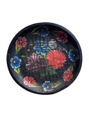 Vintage Mexican Batea Wooden Bowl Hand Painted Floral 16 in